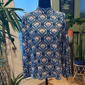 Ann Taylor Blue and Cream Geometric Floral Long-Sleeve Blouse